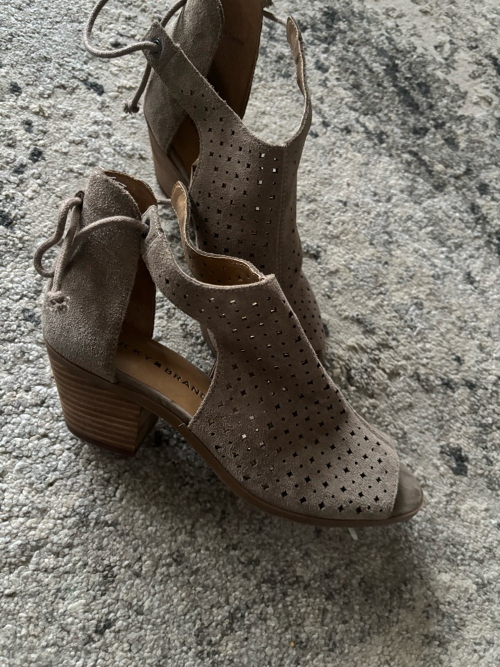 Lucky Brand. Women’s Taupe Suede Perforated Block Heel Sandals. Brand new